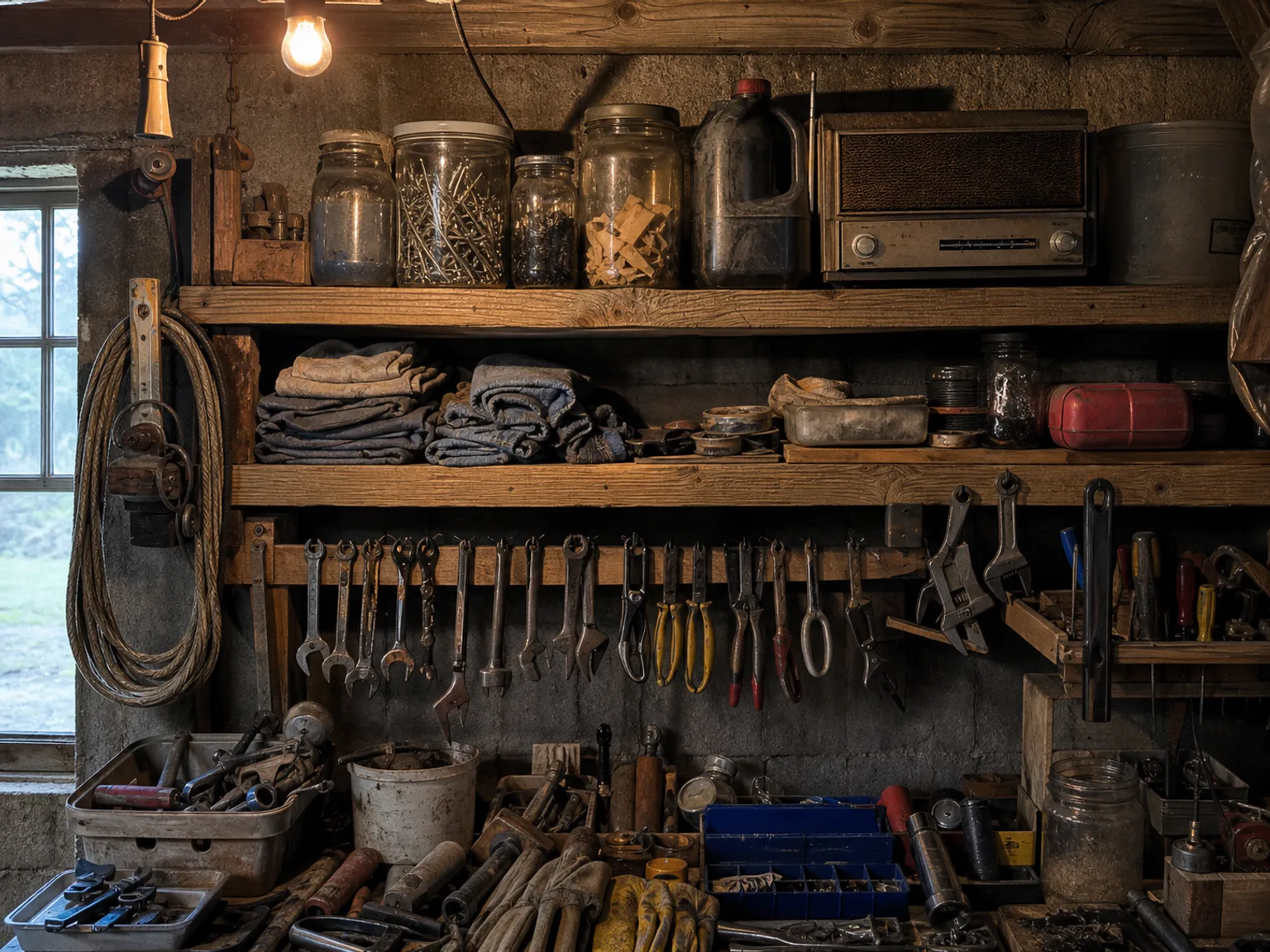 Uma prateleira de garagem reune frascos, ferramentas, cabos e material de oficina.