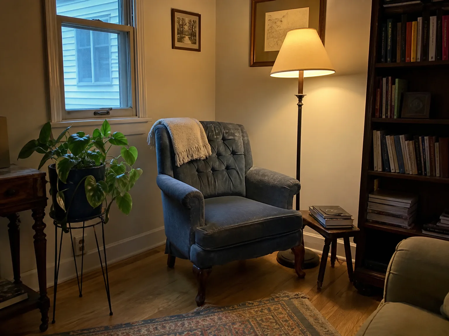 Um canto de leitura acolhedor tem uma poltrona azul, candeeiro, plantas e estantes.