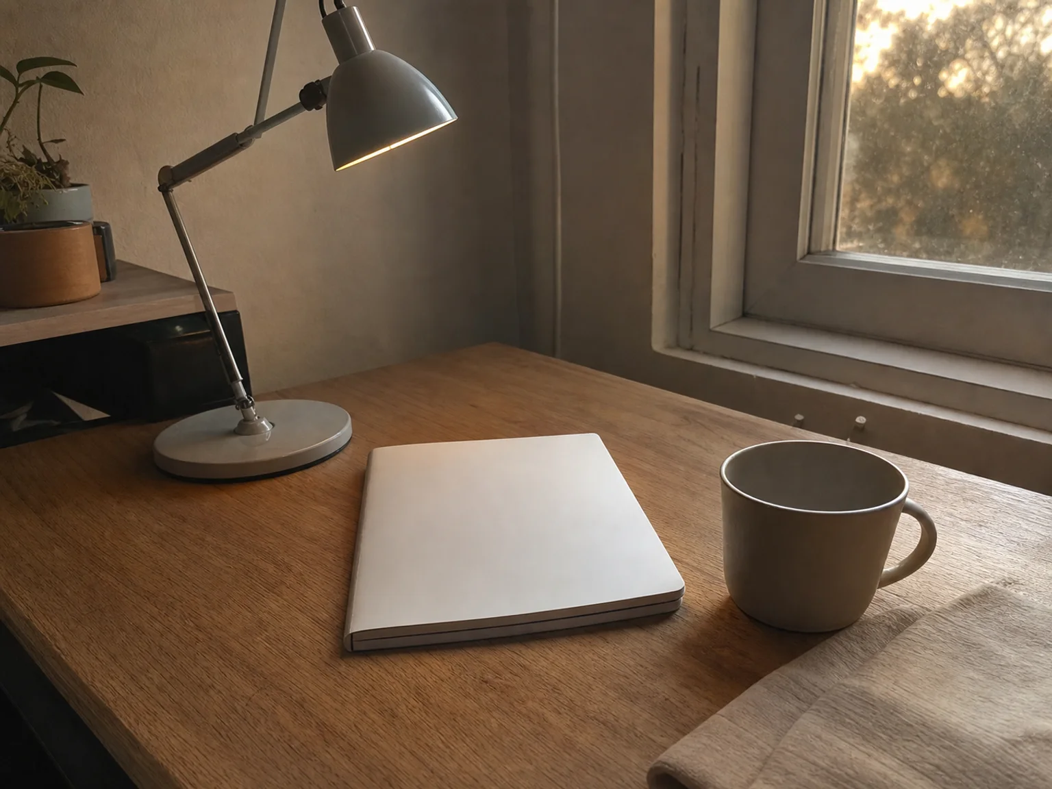 Un escritorio sencillo tiene una lámpara, un cuaderno y una taza junto a una ventana.