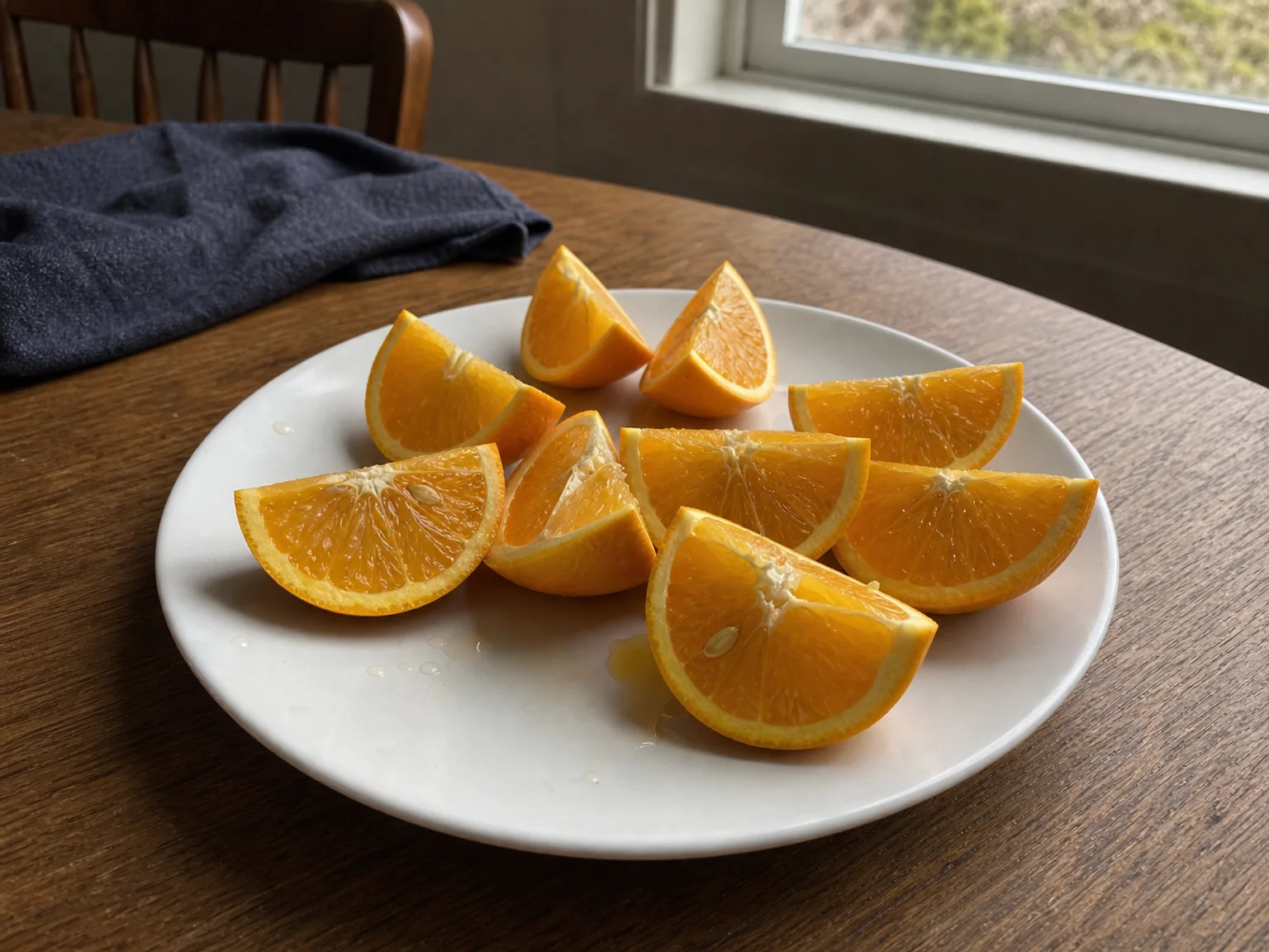 Gajos de naranja están colocados en un plato blanco sobre una mesa pequeña.