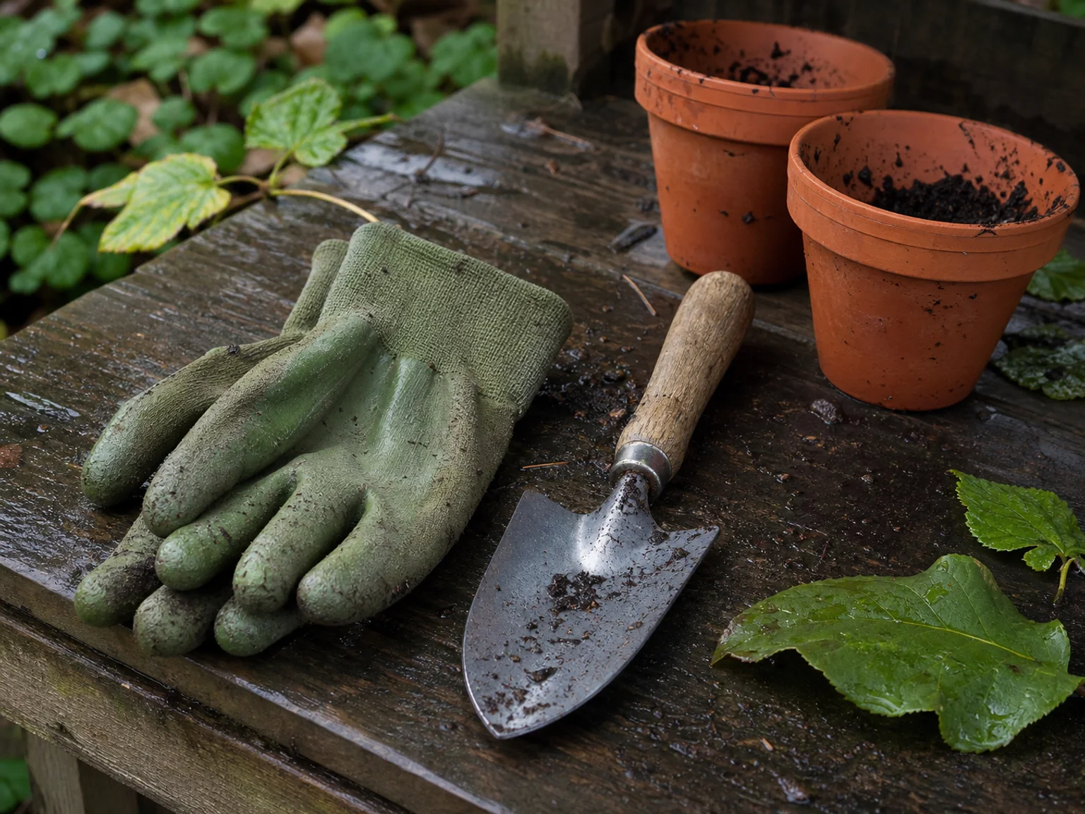 Luvas de jardinagem, uma pá de mão e vasos de barro repousam sobre um banco molhado.