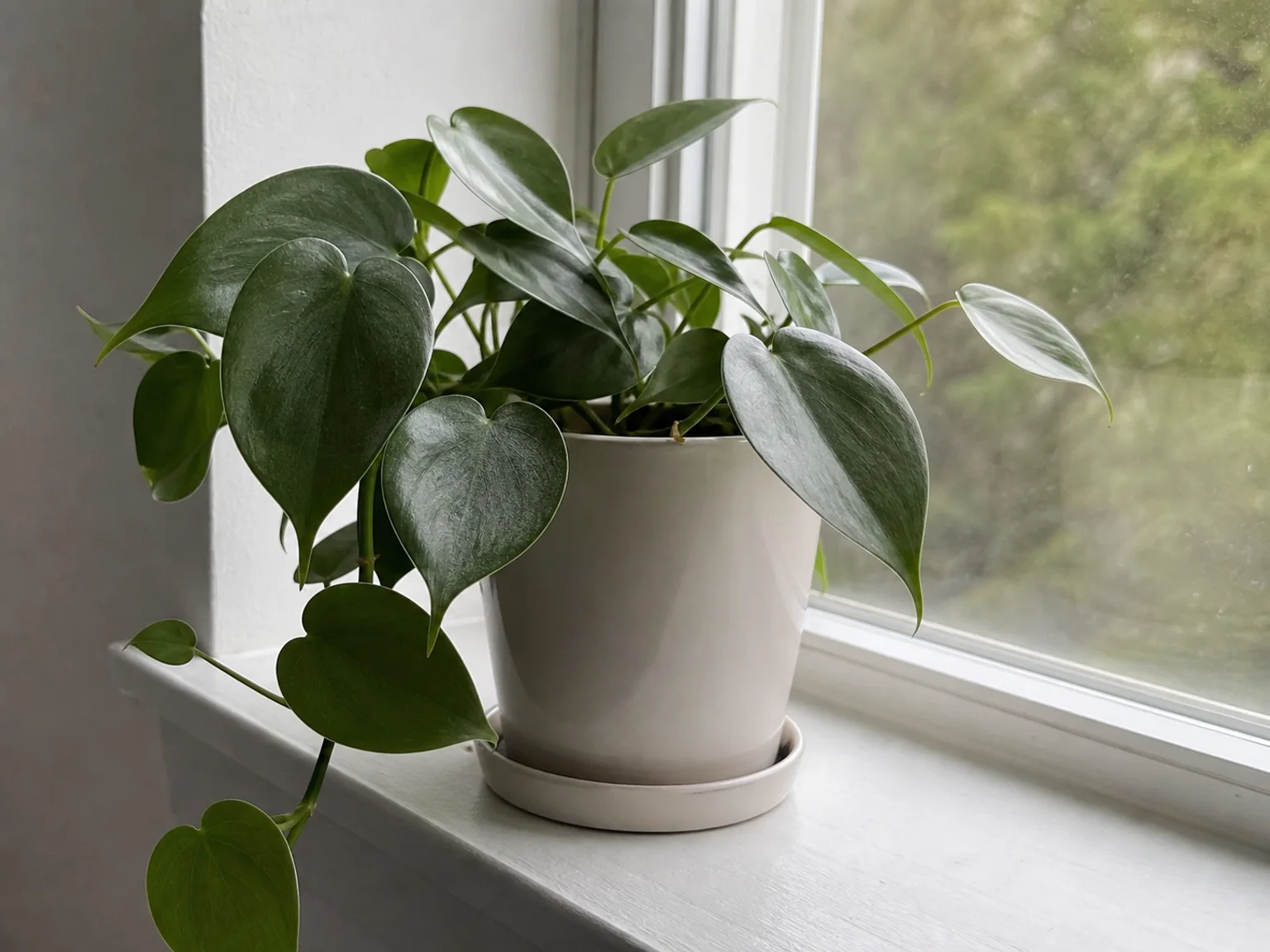 Uma planta frondosa em vaso esta num peitoril com luz diurna suave.
