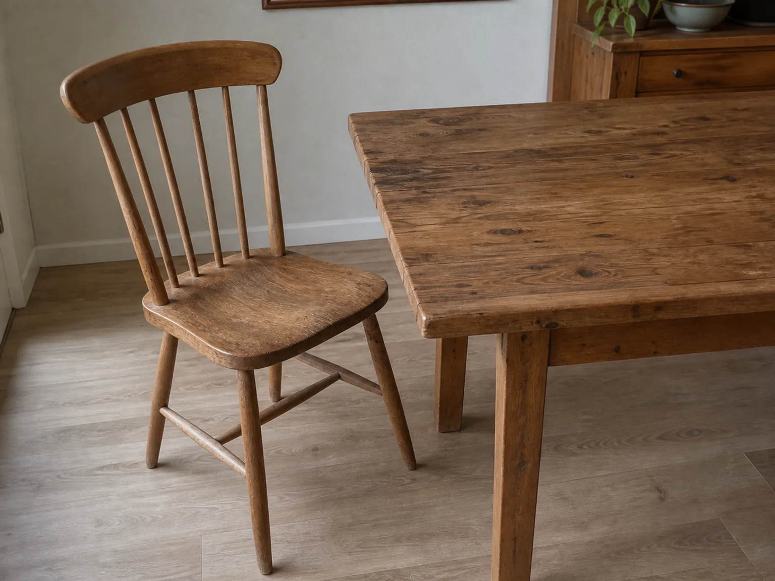 Uma cadeira de madeira esta junto a uma mesa simples numa divisao luminosa.