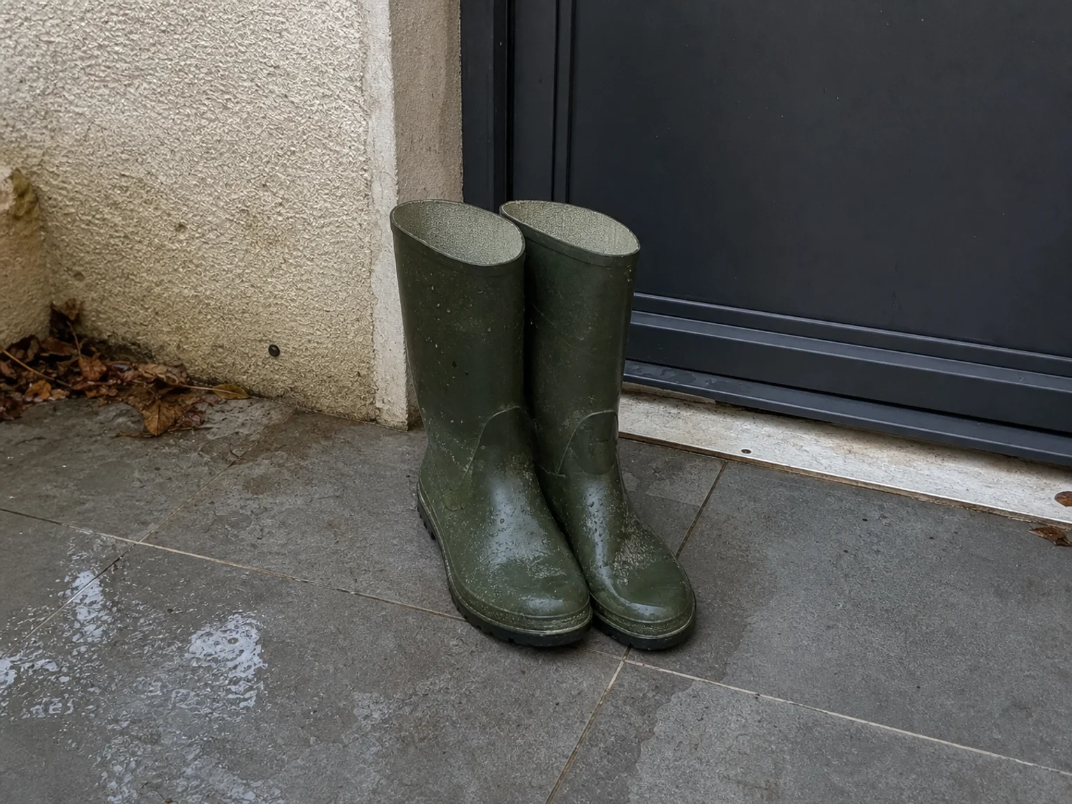 Botas de lluvia verdes están junto a una puerta sobre piedra mojada.