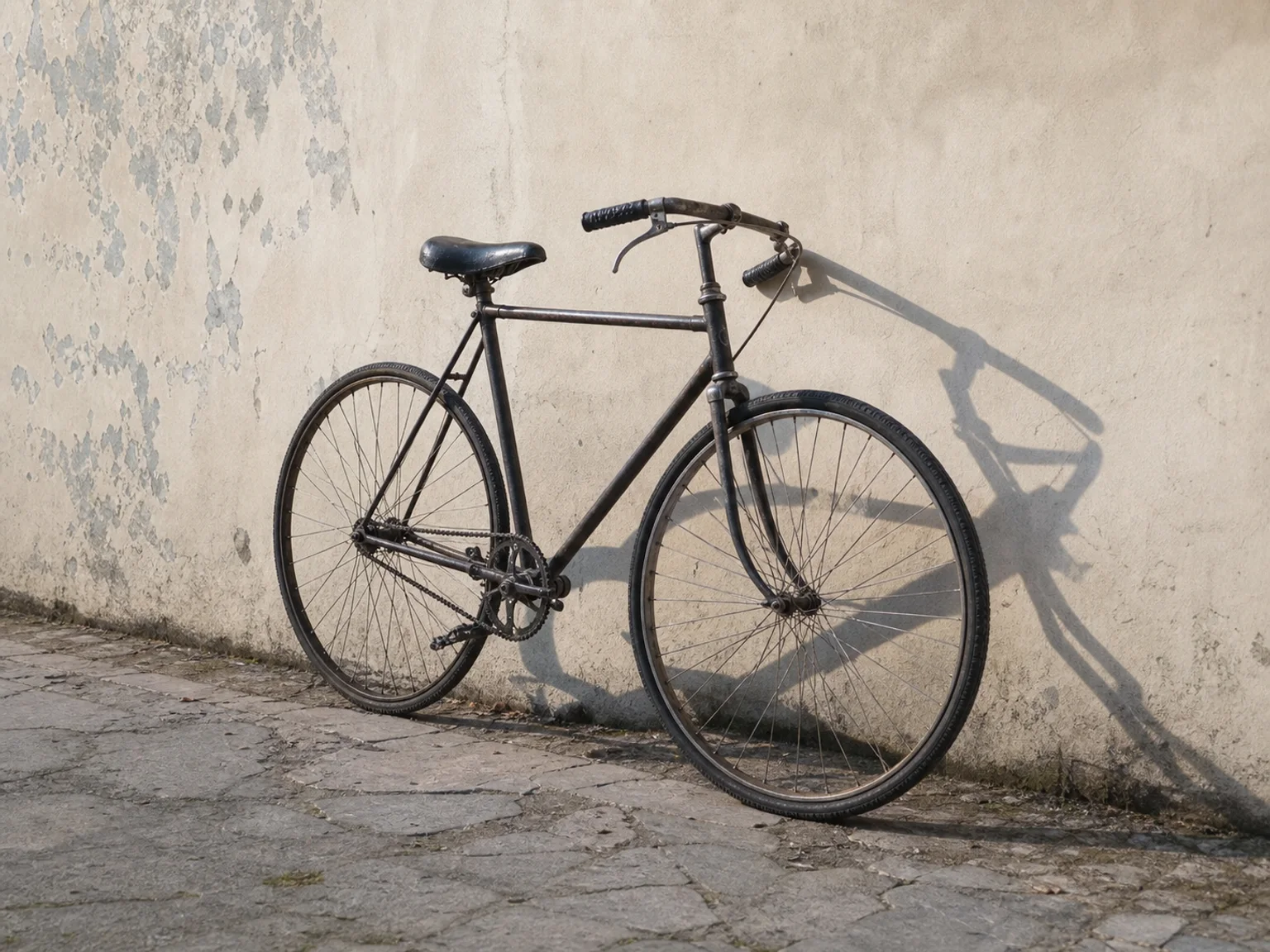 Uma bicicleta projeta uma sombra marcada numa parede iluminada.