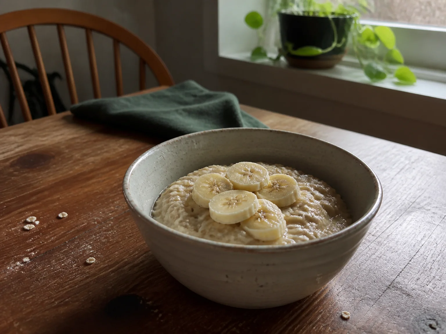 Uma taca de pequeno-almoco com rodelas de banana esta sobre uma mesa de madeira.