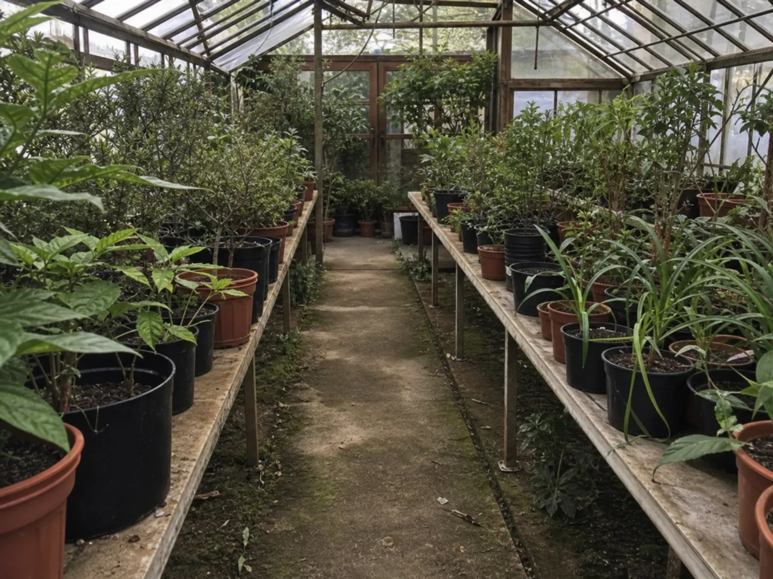 Um corredor de estufa esta ladeado por plantas em vasos dos dois lados.