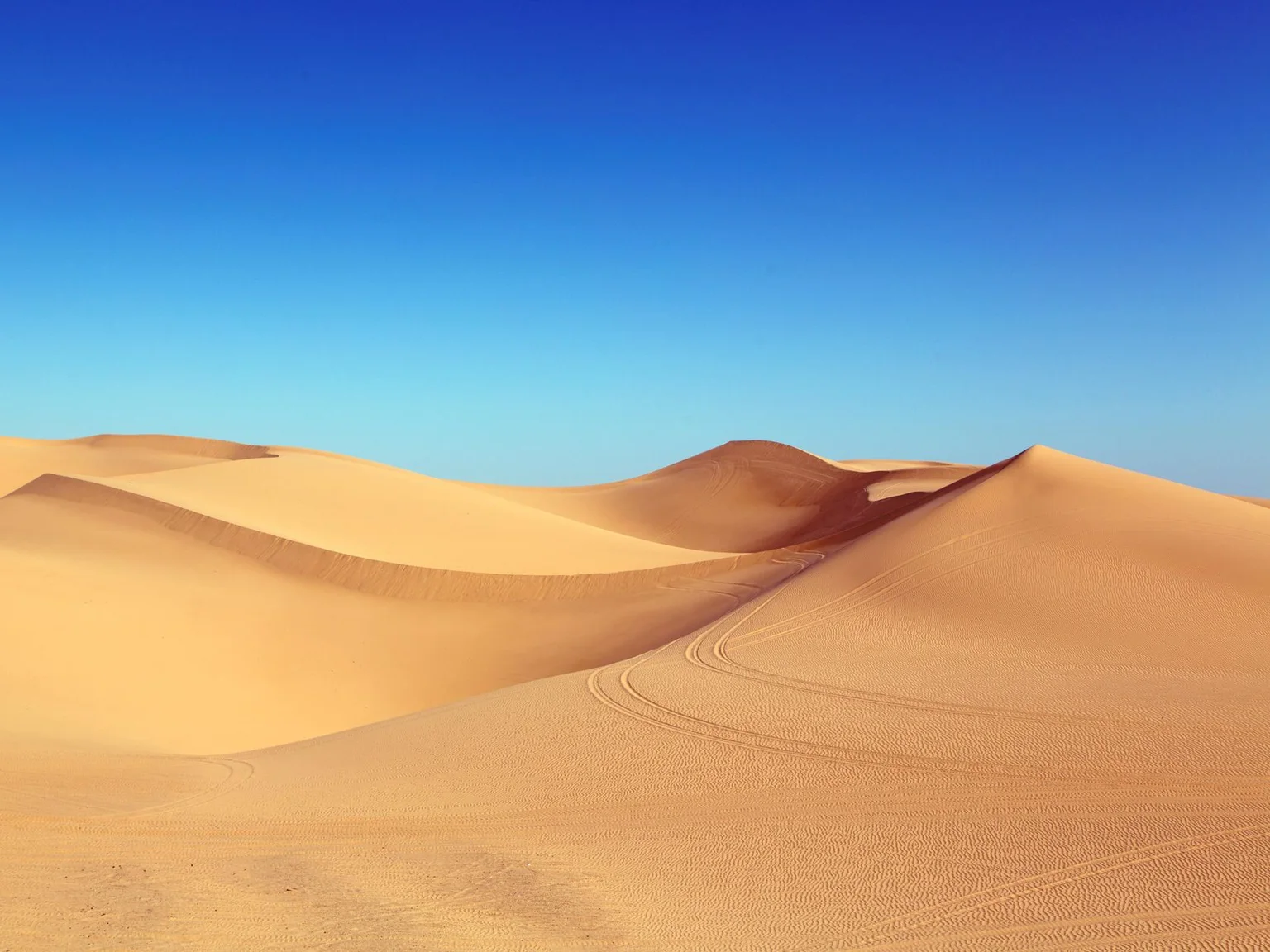 Dunas douradas estendem-se sob um ceu desertico azul e limpo.
