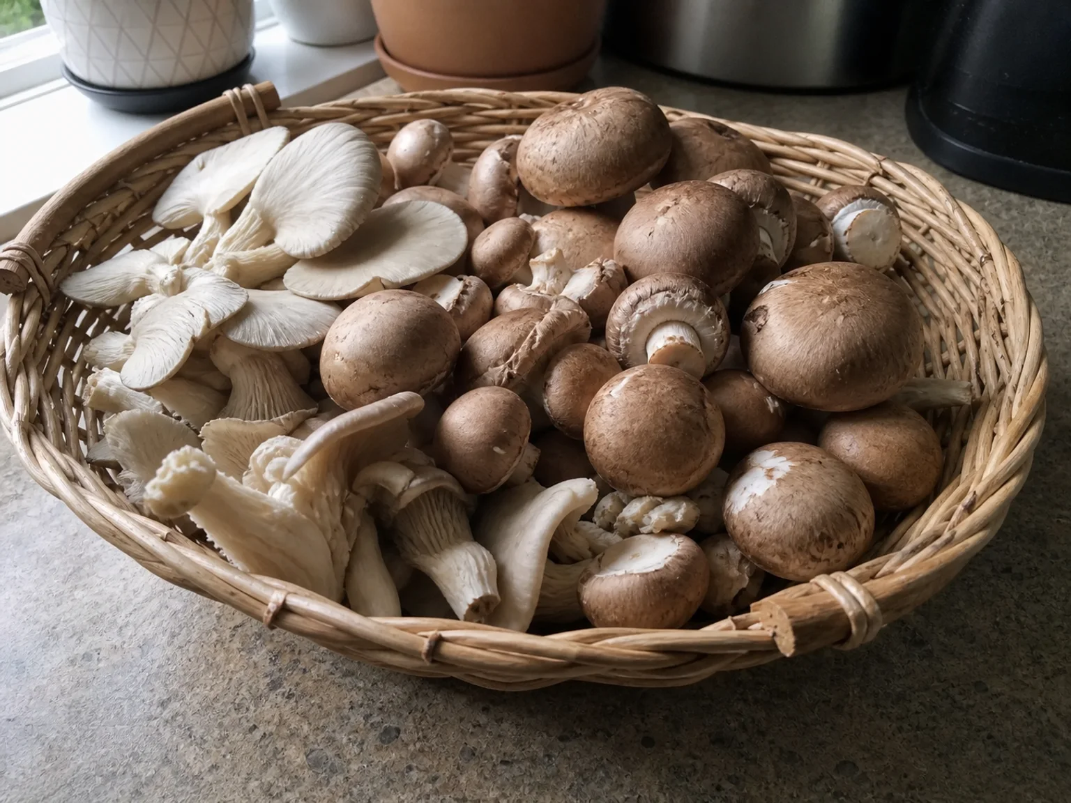 Um cesto contem cogumelos variados sobre uma superficie de cozinha.