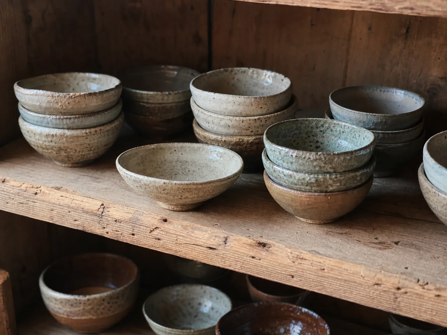 Tacas de ceramica estao empilhadas em prateleiras rusticas de madeira.