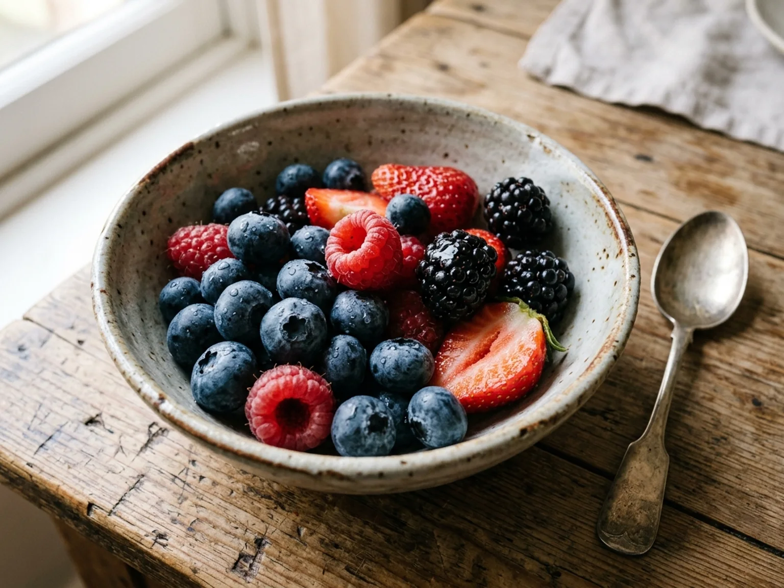 Uma taca branca esta cheia de frutos silvestres variados sobre uma mesa de madeira.