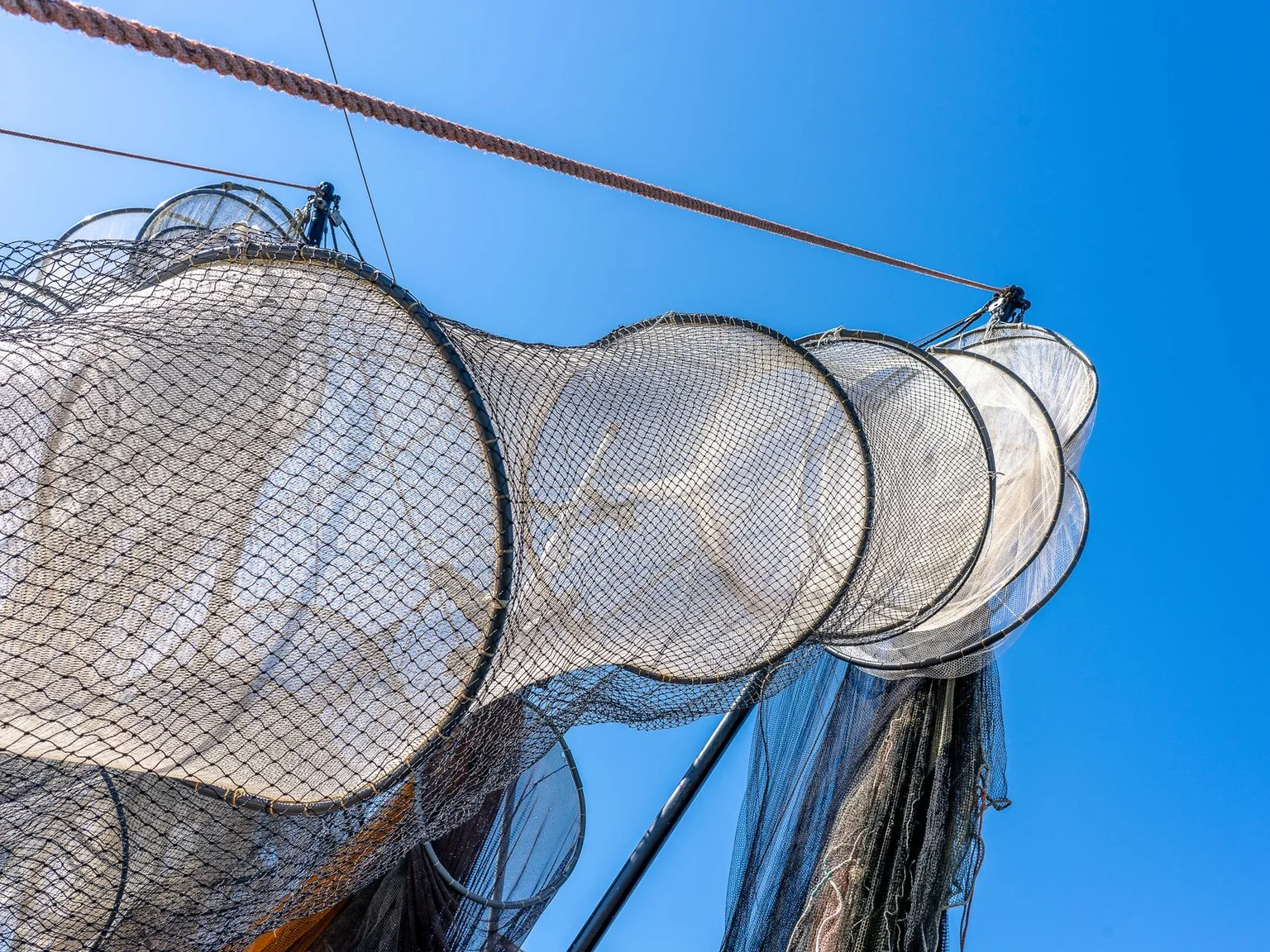 Redes de pesca pendem contra um ceu azul intenso.