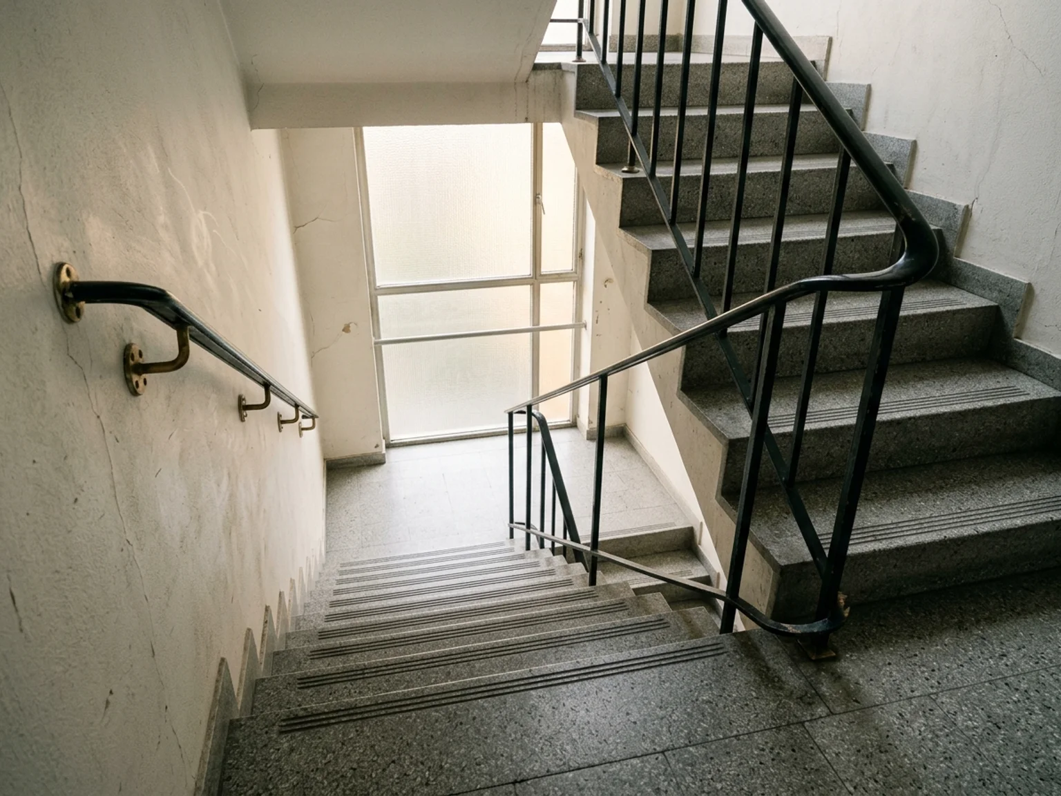 Uma escadaria vazia desce junto a uma janela e um corrimao metalico.